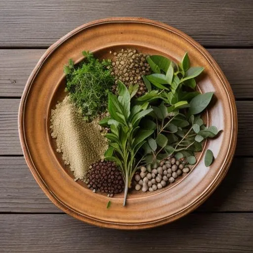 Prompt: botanical herbs on a table , natural lighting bright colors