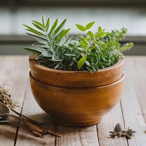 Prompt: botanical herbs on a table, natural lighting, bright colors, high quality, naturalistic, detailed leaves, vibrant, warm lighting