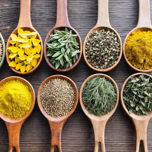 Prompt: botanical herbs on a table, natural lighting, bright colors, high quality, naturalistic, detailed leaves, vibrant, warm lighting