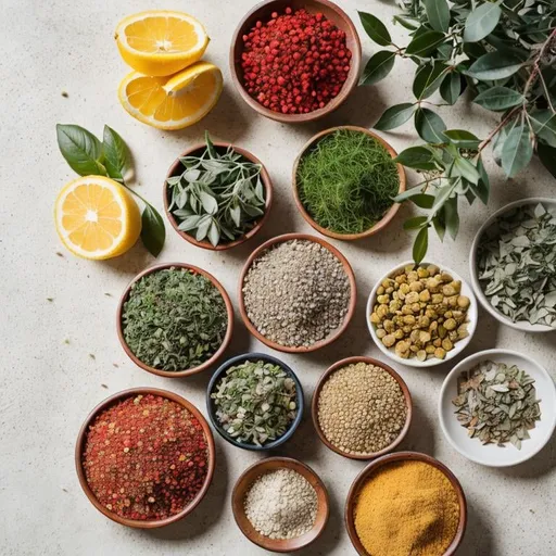 Prompt: botanical herbs on a table, natural lighting, bright colors, high quality, naturalistic, detailed leaves, vibrant, warm lighting