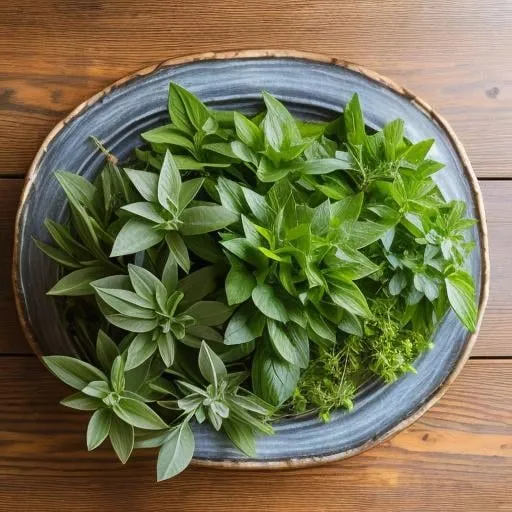 Prompt: Botanical herbs on a table, natural lighting, vibrant colors, high quality, realistic painting, detailed leaves, fresh and organic, bright and airy, tabletop arrangement, botanical art, natural sunlight, vibrant greens, fresh herbs, detailed textures, realistic shadows, professional, soft and natural lighting