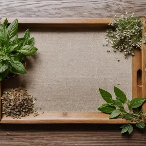 Prompt: botanical herbs on a table , natural lighting bright colors