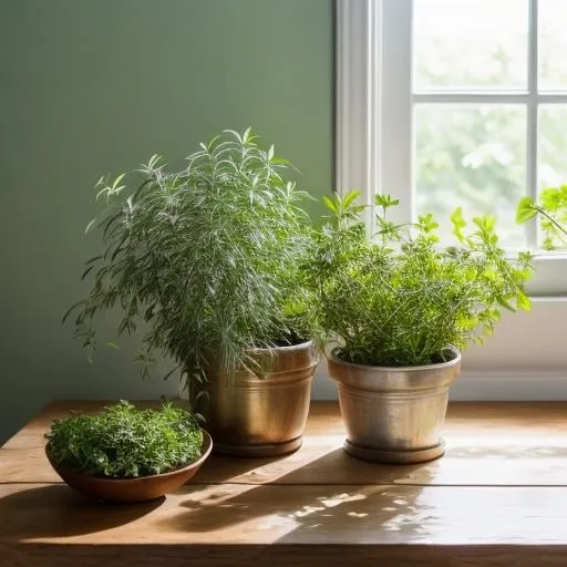 Prompt: Botanical herbs on a table, natural lighting, vibrant colors, high quality, realistic painting, detailed leaves, fresh and organic, bright and airy, tabletop arrangement, botanical art, natural sunlight, vibrant greens, fresh herbs, detailed textures, realistic shadows, professional, soft and natural lighting