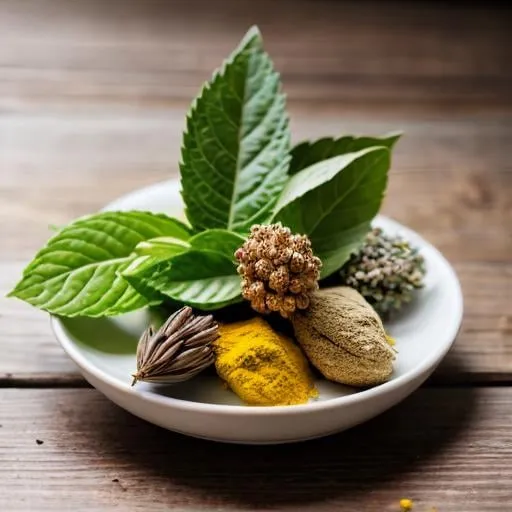 Prompt: botanical herbs on a table, natural lighting, bright colors, high quality, naturalistic, detailed leaves, vibrant, warm lighting