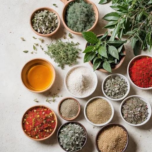 Prompt: botanical herbs on a table, natural lighting, bright colors, high quality, naturalistic, detailed leaves, vibrant, warm lighting