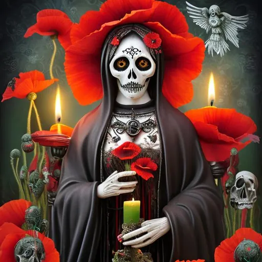 Prompt: Santa Muerte with poppies, having candle and rosary on surrealistic background.