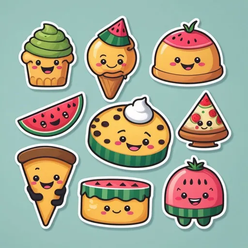Prompt: Design stickers of smiling food characters, like a cheerful cupcake, a happy slice of pizza, or a joyful watermelon slice enjoying each other's company.