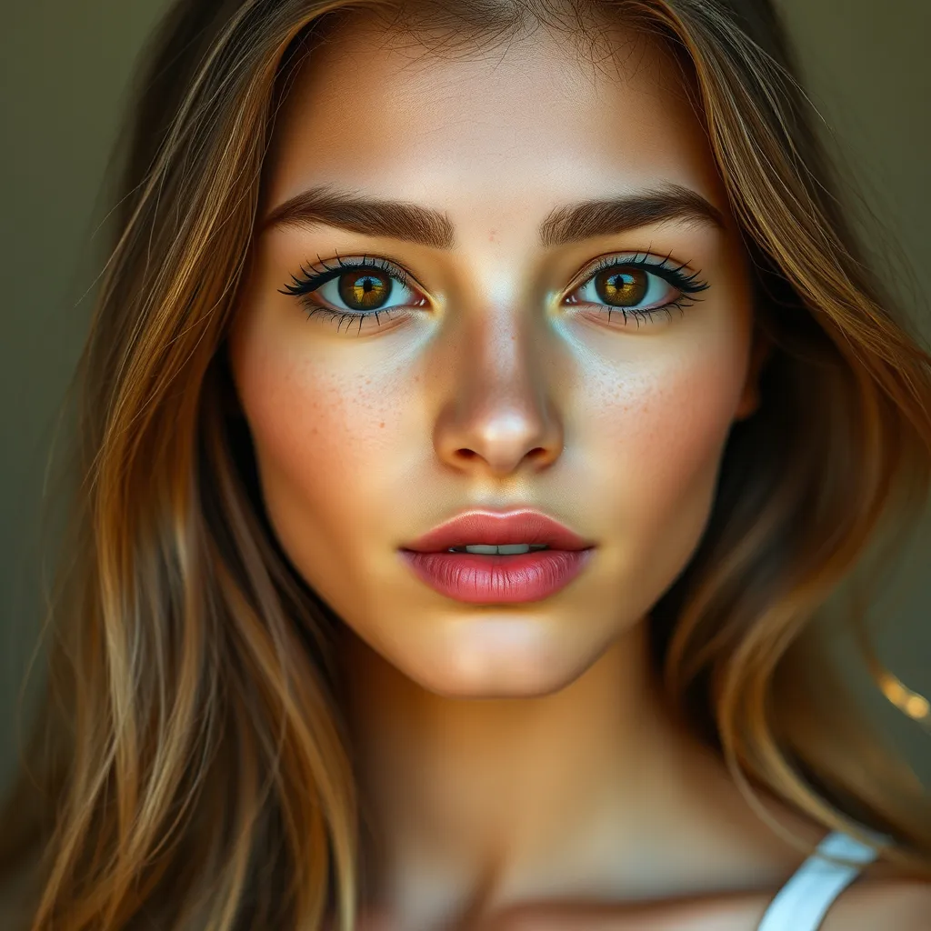 Prompt: Semi realistic attractive image of a 20 years old female with a natural skin glow, smooth and luminous with a warm sun-kissed complexion. Her face is heart shaped with high cheekbones. She has rosy hue soft, full lips that forms a natural pout. She has a delicate nose that is slightly upturned. A large and expressive deep amber eyes. Thick, dark lashes frames her eyes, and her eyebrows are arched and full, perfectly shaped. She has a light dusting of freckles dancing across her nose and cheeks. Her hair is long and flowing, catching the light with hints of honey and chestnut hues.