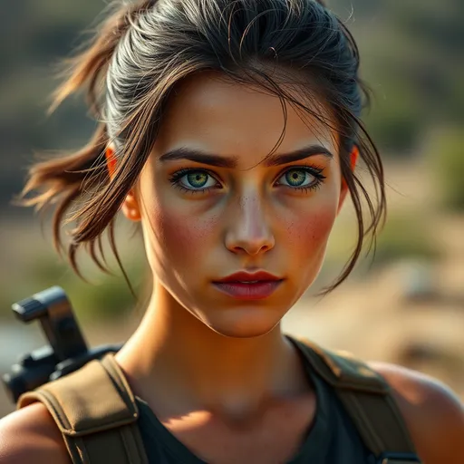 Prompt: Semi realistic attractive image of a 20 years old female with a mixed European ethnicity, striking green eyes, and a tanned complexion. She has shoulder-length dark brown hair tied back in a messy ponytail, a small scar above her eyebrow, and an athletic build, often dressed in practical clothing suitable for survival.