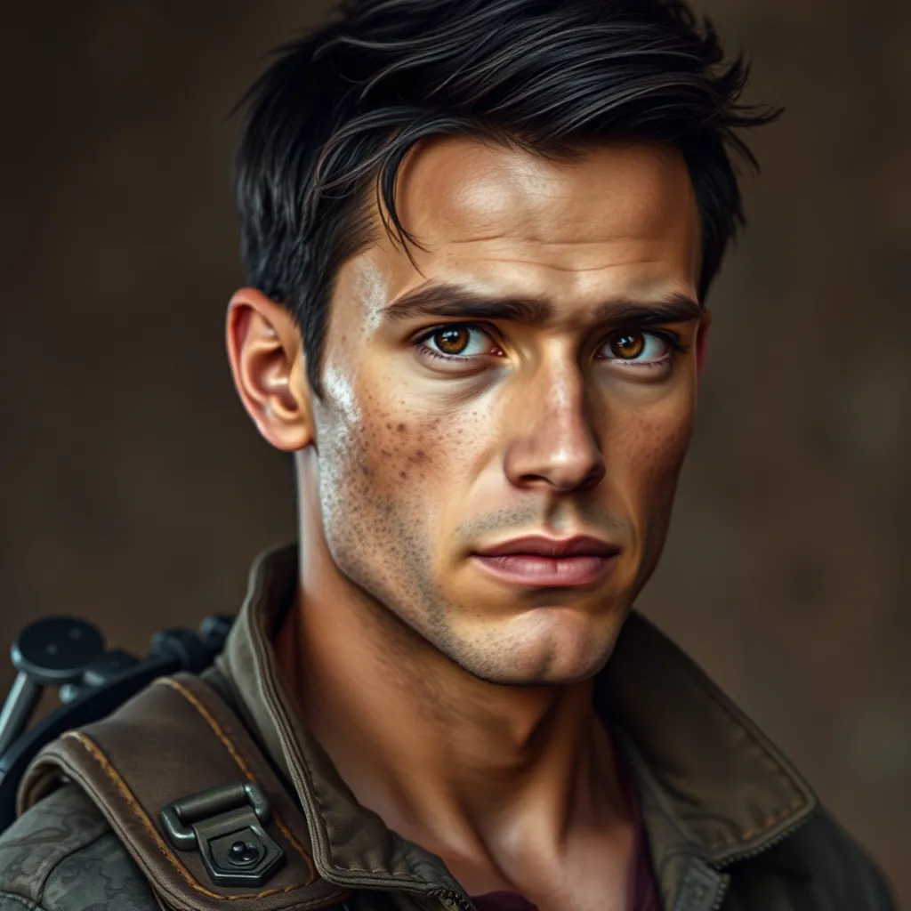 Prompt: Semi realistic attractive image of a 24 years old caucasian male with with a lean but muscular build, warm brown eyes, and an olive skin tone. He has short, dark hair with a subtle wave, often wearing utilitarian clothing that reflects his role as a leader in the apocalypse.