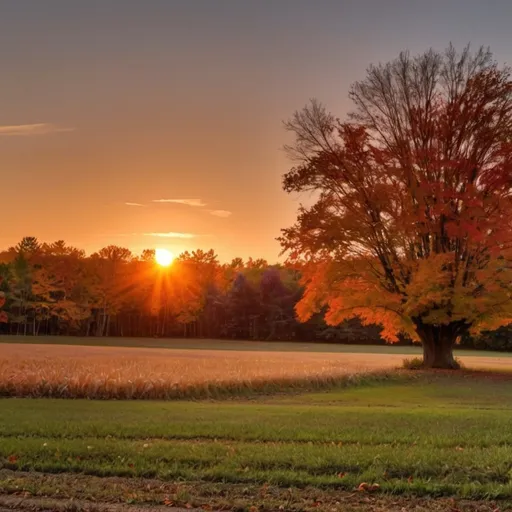 Prompt: a fall setting during a sunset in the country field