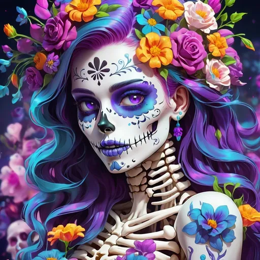 Prompt: sugar skull female skeleton wearing flowers, bright hair, beautiful, purple, solid background dark, blue eyes, retrofuturism, 1980s sci-fi, game cover art, character, 4k