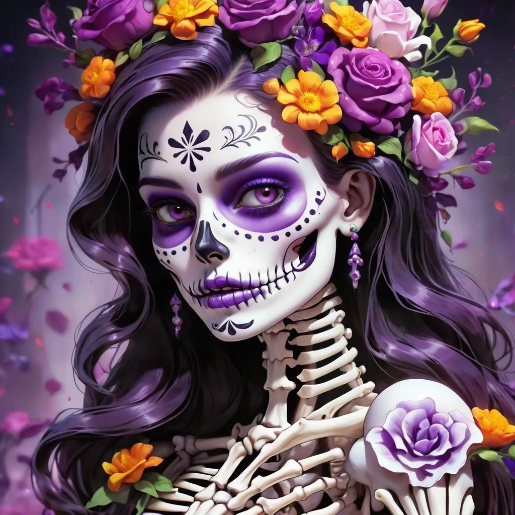 Prompt: a close up of a day of the dead female skeleton wearing flowers, beautiful, purple, solid background dark, 
retrofuturism, 1980s sci-fi, game cover art, character, 4k