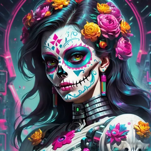 Prompt: sugar skull, retrofuturism, 1980s sci-fi, game cover art, character, 4k