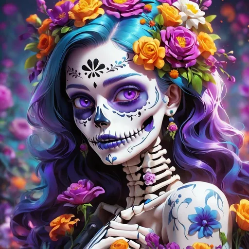 Prompt: a close up of a day of the dead female skeleton wearing flowers, bright hair, beautiful, purple, solid background dark, blue eyes, retrofuturism, 1980s sci-fi, game cover art, character, 4k