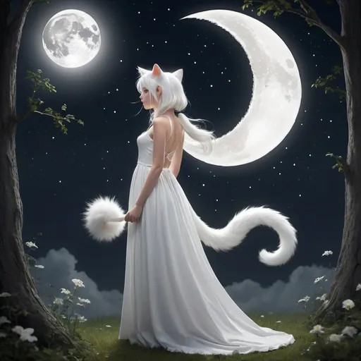 Prompt: Create an image of a girl with stunning white cat ears and a tail, standing beneath a full moon The ears should be sleek and white, positioned on top of her head.
The tail should be long and fluffy, swaying gently behind her The moon should be large and bright, casting a soft glow over the scene.
Stars should twinkle in the sky, adding to the enchanting ambiance  The setting could be a tranquil forest clearing or a grassy meadow.
Surroundings should be bathed in moonlight, creating a dreamy and magical atmosphere