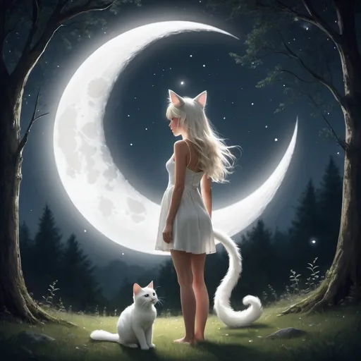 Prompt: Create an image of a girl with stunning white cat ears and a tail, standing beneath a full moon The ears should be sleek and white, positioned on top of her head.
The tail should be long and fluffy, swaying gently behind her The moon should be large and bright, casting a soft glow over the scene.
Stars should twinkle in the sky, adding to the enchanting ambiance  The setting could be a tranquil forest clearing or a grassy meadow.
Surroundings should be bathed in moonlight, creating a dreamy and magical atmosphere