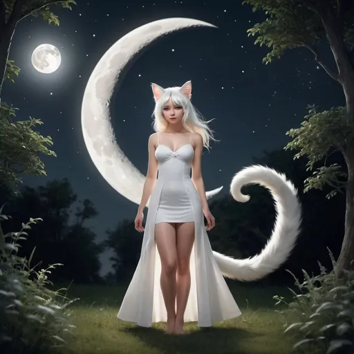 Prompt: Create an image of a girl with stunning white cat ears and a tail, standing beneath a full moon The ears should be sleek and white, positioned on top of her head.
The tail should be long and fluffy, swaying gently behind her The moon should be large and bright, casting a soft glow over the scene.
Stars should twinkle in the sky, adding to the enchanting ambiance  The setting could be a tranquil forest clearing or a grassy meadow.
Surroundings should be bathed in moonlight, creating a dreamy and magical atmosphere