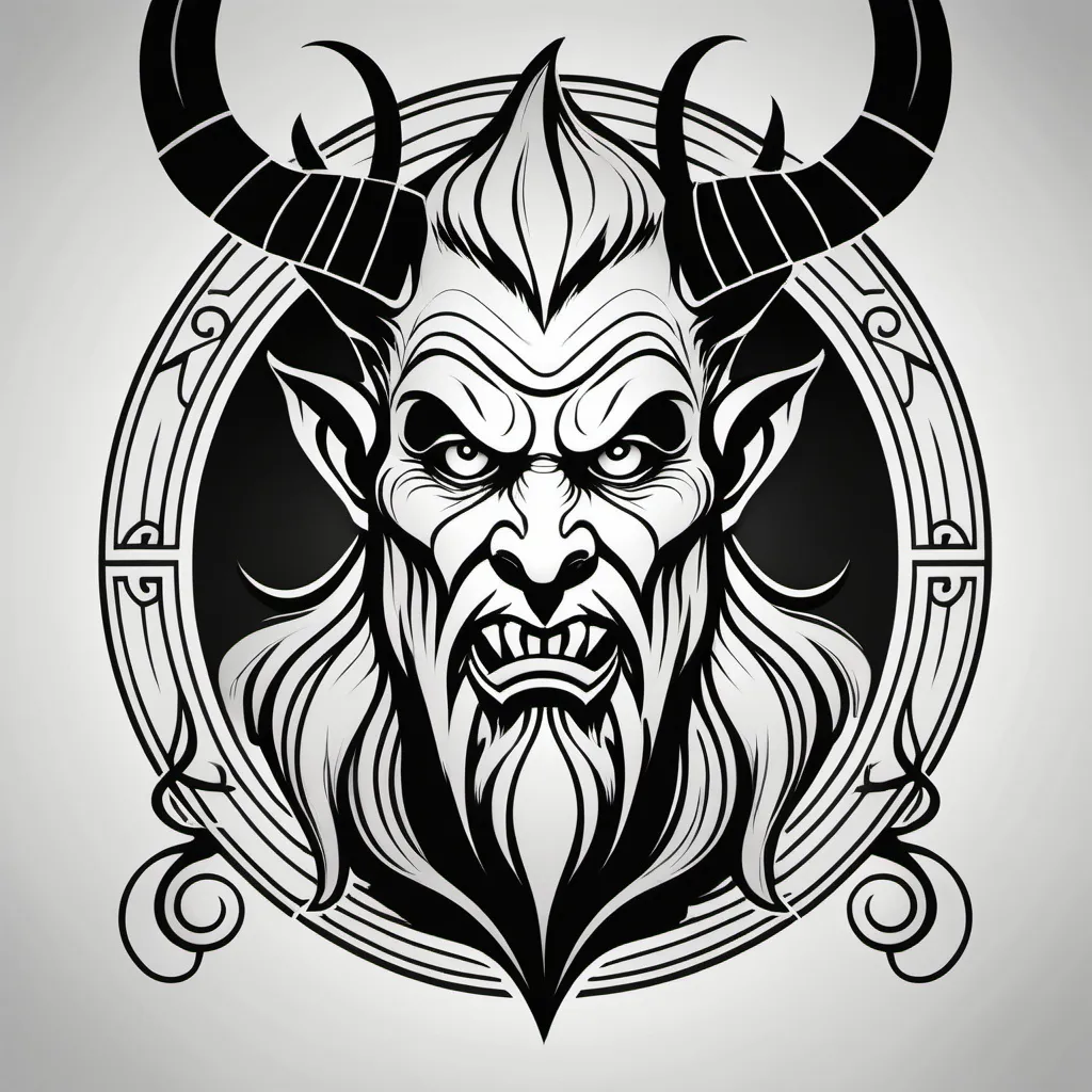 Prompt: create a logo of krampus in line art, art deco style in black and white
