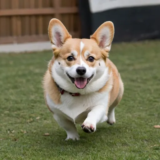 Prompt: Female corgie is 8 months and running in the yards