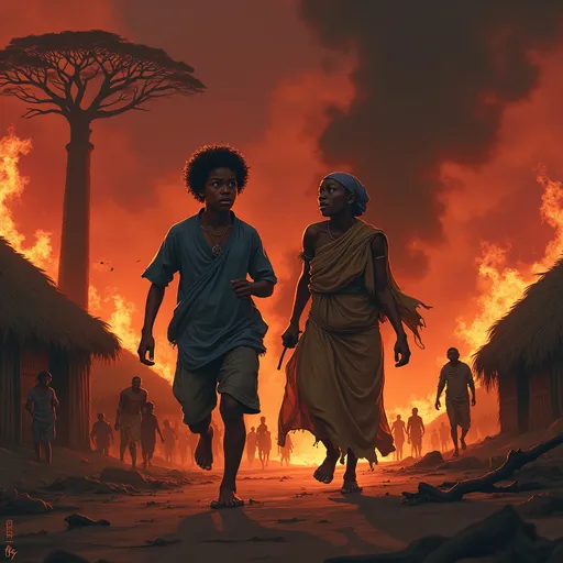Prompt: A powerful semi-realistic digital illustration in cinematic style. A teenage African boy, around 13 years old, tall and thin, barefoot, with longer curly hair and a worn-out blue tunic, runs through a burning village. His expression is full of fear and confusion. Beside him, an older woman — his mother — wears a torn traditional robe and a loose headscarf. Her face is marked by fear, but she maintains a noble and dignified presence. Around them, the village is engulfed in flames, with thick black smoke rising into a dark red sky. Huts are destroyed, a scorched baobab tree towers in the background. People are fleeing, some crying, others helping children escape. The color palette is dominated by deep reds and blacks, emphasizing panic and chaos. The composition includes handheld-style camera motion, a slow-motion moment where the boy looks back at the burning village, and a dramatic low-angle shot of approaching enemies, heavily armed, emerging from the smoke. The lighting is intense, with glowing fire reflections and deep shadows. Inspired by modern digital animated films like Arcane, Spider-Verse, and Love, Death & Robots.