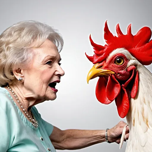 Prompt: Betty white fighting with a chicken
