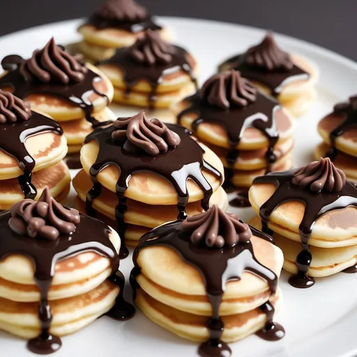 Prompt: I want an image for mini pancakes filled with chocolate drizzle with chocolate topping 