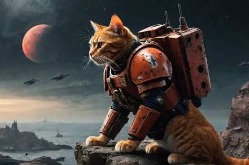 Prompt: Orange cat in damaged space marine armor, looking off a cliff over a wartorn hellscape, 2 blood moons overhead, rocket launching far in the distance. Battleships in space bombing the surface. Brutal realism