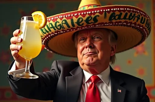 Prompt: Young Donald Trump in a large sombrero that says "MAGA es bueno", raising a large margarita glass in a toasting motion, full body, wide angle, ultra realistic