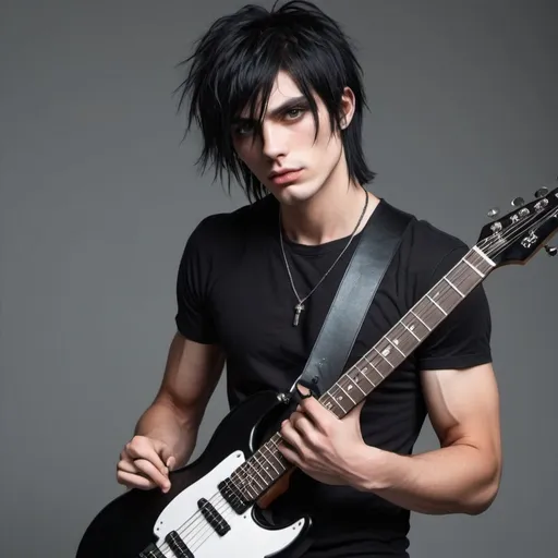 Prompt: Cool guy with sharp jawline with black emo hair, not massive but shredded veiny muscles holding a guitar, give it a 1990s alternative rock style 