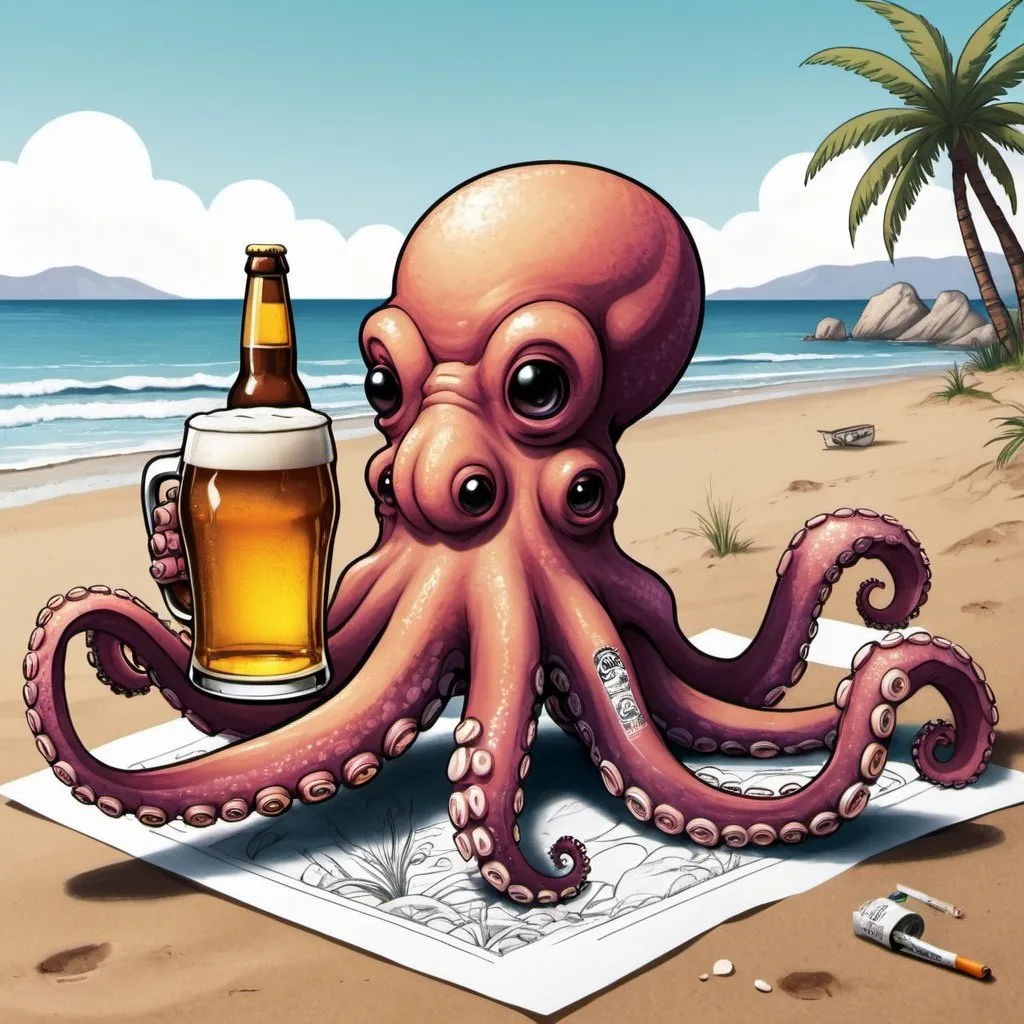 Prompt: Octopus drawing and holding a beer and holding a joint by the beach