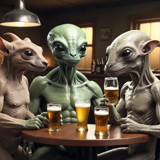 Prompt: Animals and aliens drinking beer
