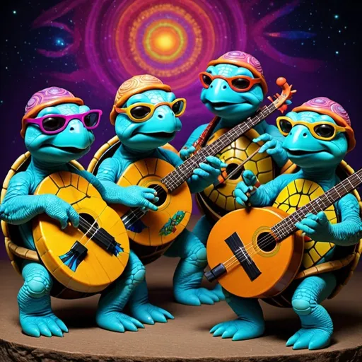 Prompt: psychedelic turtles playing musical instruments 