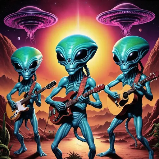 Prompt: Aliens playing cumbia psychedelic