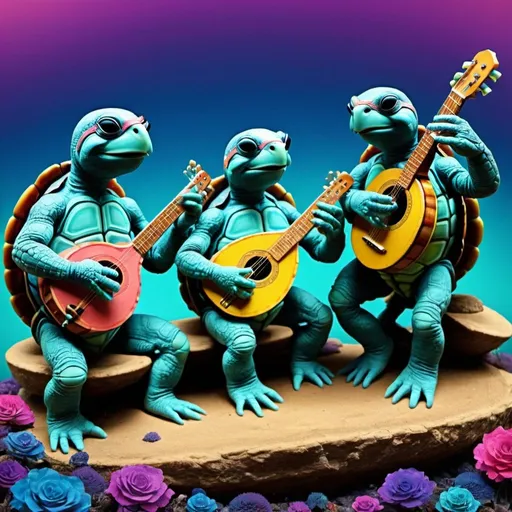 Prompt: psychedelic turtles playing musical instruments 