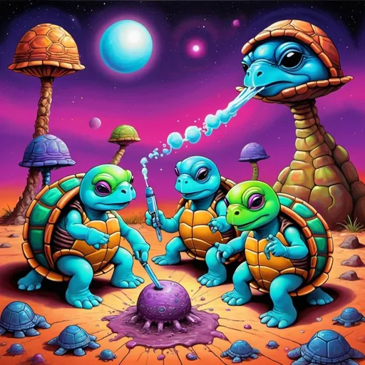 Prompt: psychedelic turtles doing graffiti of aliens