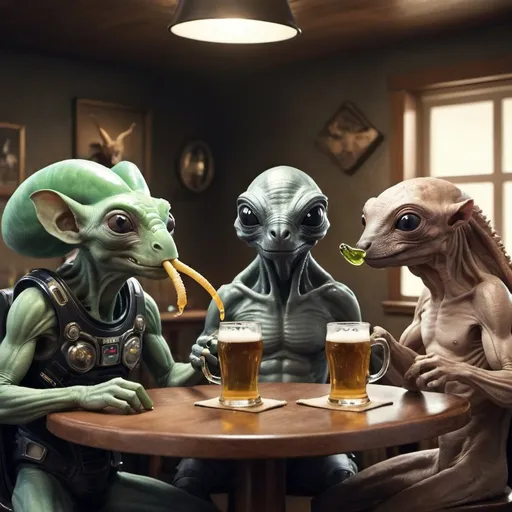 Prompt: Animals and aliens drinking beer
