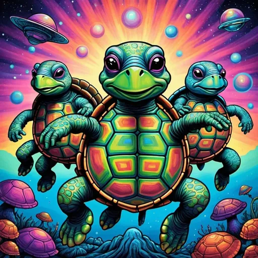 Prompt: psychedelic turtles drawing pictures of aliens