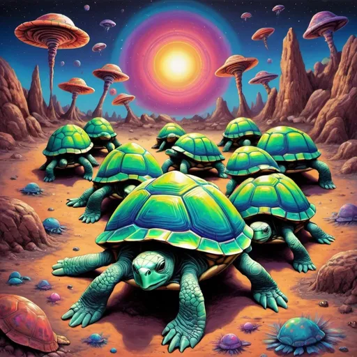 Prompt: psychedelic turtles doing graffiti of aliens