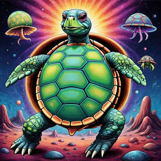 Prompt: psychedelic turtles drawing pictures of aliens