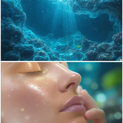 Prompt: “Create a cinematic skincare advertisement video for a futuristic product containing ocean energy water and Centella Asiatica (Gotu Kola). Start with a futuristic ocean environment, where the ocean water glows with blue and turquoise hues, radiating a soft, healing light. The camera pans across the glowing ocean, showing its magical, rejuvenating energy. Then, transition to a close-up of skin, where the ocean energy water gently touches the skin, blending into the pores. Centella Asiatica particles appear as small, vibrant particles, sinking into the skin and rejuvenating it. The final scene should show the skin glowing with radiance, smooth, flawless, and youthful. The video should have soft, ethereal lighting and glowing particles to emphasize the healing process. The overall feel should be calming, serene, and luxurious.”

