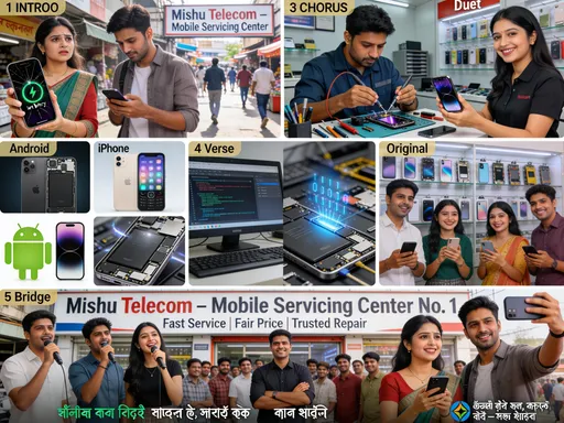 Prompt: Prompt:



A professional Bangladeshi mobile servicing shop promotional music video.

Location: Inside and outside of “Mishu Telecom Mobile Servicing Center”, a busy local market in Bangladesh.



Scene 1 (Intro):

A worried young woman holding a smartphone with cracked screen and low battery warning.

A young man looks at his phone which suddenly shuts down.

Soft cinematic lighting, realistic Bangladeshi environment.



Scene 2 (Transition):

Both characters look hopeful as they walk toward a shop signboard reading

“Mishu Telecom – Mobile Servicing Center”.

Bright daylight, bustling market background.



Scene 3 (Chorus – Duet):

Inside the shop:

– Skilled male technician repairing phones with modern tools

– Female staff smiling and handing over a repaired phone

– Close-up shots of screen replacement, battery change, software flashing

Camera cuts rhythmically with the music.



Scene 4 (Verse):

Split shots of:

– Android and iPhone repairs

– Data recovery on computer screen

– Original spare parts neatly displayed

– Happy customers checking phones and smiling



Scene 5 (Bridge):

Male and female singers shown separately singing confidently,

then together in front of the shop, lip-syncing the chorus.

Cinematic slow motion moments, warm color grading.



Scene 6 (Final Chorus):

Crowd of satisfied customers.

Shop owner confidently standing with folded arms.

Text animation on screen:

“Mishu Telecom – Mobile Servicing Center No. 1”

“Fast Service | Fair Price | Trusted Repair”



Ending Scene (Outro):

Woman happily using her phone.

Man taking a selfie in front of the shop.

Fade out with logo and slogan:



“মোবাইল ঠিক হলে, জীবনও ঠিক — মিশু টেলিকম”



Style:

– Realistic, cinematic

– Bangladeshi local vibe

– Bright, friendly, trustworthy

– Smooth camera movement

– 16:9 and 9:16 compatible (YouTube + Facebook Reels)



⸻



🎧 Optional Settings (যদি লাগে)

• Music Sync: Yes

• Mood: Trust, Happiness, Reliability

• Video Length: 30–60 seconds

• Language Text Overlay: Bangla