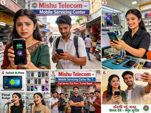 Prompt: Prompt:



A professional Bangladeshi mobile servicing shop promotional music video.

Location: Inside and outside of “Mishu Telecom Mobile Servicing Center”, a busy local market in Bangladesh.



Scene 1 (Intro):

A worried young woman holding a smartphone with cracked screen and low battery warning.

A young man looks at his phone which suddenly shuts down.

Soft cinematic lighting, realistic Bangladeshi environment.



Scene 2 (Transition):

Both characters look hopeful as they walk toward a shop signboard reading

“Mishu Telecom – Mobile Servicing Center”.

Bright daylight, bustling market background.



Scene 3 (Chorus – Duet):

Inside the shop:

– Skilled male technician repairing phones with modern tools

– Female staff smiling and handing over a repaired phone

– Close-up shots of screen replacement, battery change, software flashing

Camera cuts rhythmically with the music.



Scene 4 (Verse):

Split shots of:

– Android and iPhone repairs

– Data recovery on computer screen

– Original spare parts neatly displayed

– Happy customers checking phones and smiling



Scene 5 (Bridge):

Male and female singers shown separately singing confidently,

then together in front of the shop, lip-syncing the chorus.

Cinematic slow motion moments, warm color grading.



Scene 6 (Final Chorus):

Crowd of satisfied customers.

Shop owner confidently standing with folded arms.

Text animation on screen:

“Mishu Telecom – Mobile Servicing Center No. 1”

“Fast Service | Fair Price | Trusted Repair”



Ending Scene (Outro):

Woman happily using her phone.

Man taking a selfie in front of the shop.

Fade out with logo and slogan:



“মোবাইল ঠিক হলে, জীবনও ঠিক — মিশু টেলিকম”



Style:

– Realistic, cinematic

– Bangladeshi local vibe

– Bright, friendly, trustworthy

– Smooth camera movement

– 16:9 and 9:16 compatible (YouTube + Facebook Reels)



⸻



🎧 Optional Settings (যদি লাগে)

• Music Sync: Yes

• Mood: Trust, Happiness, Reliability

• Video Length: 30–60 seconds

• Language Text Overlay: Bangla