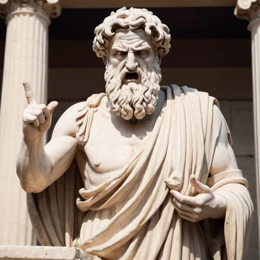 Prompt: an ancient greek scholar with a shocked face and pure anger.  throwing up a middle finger


