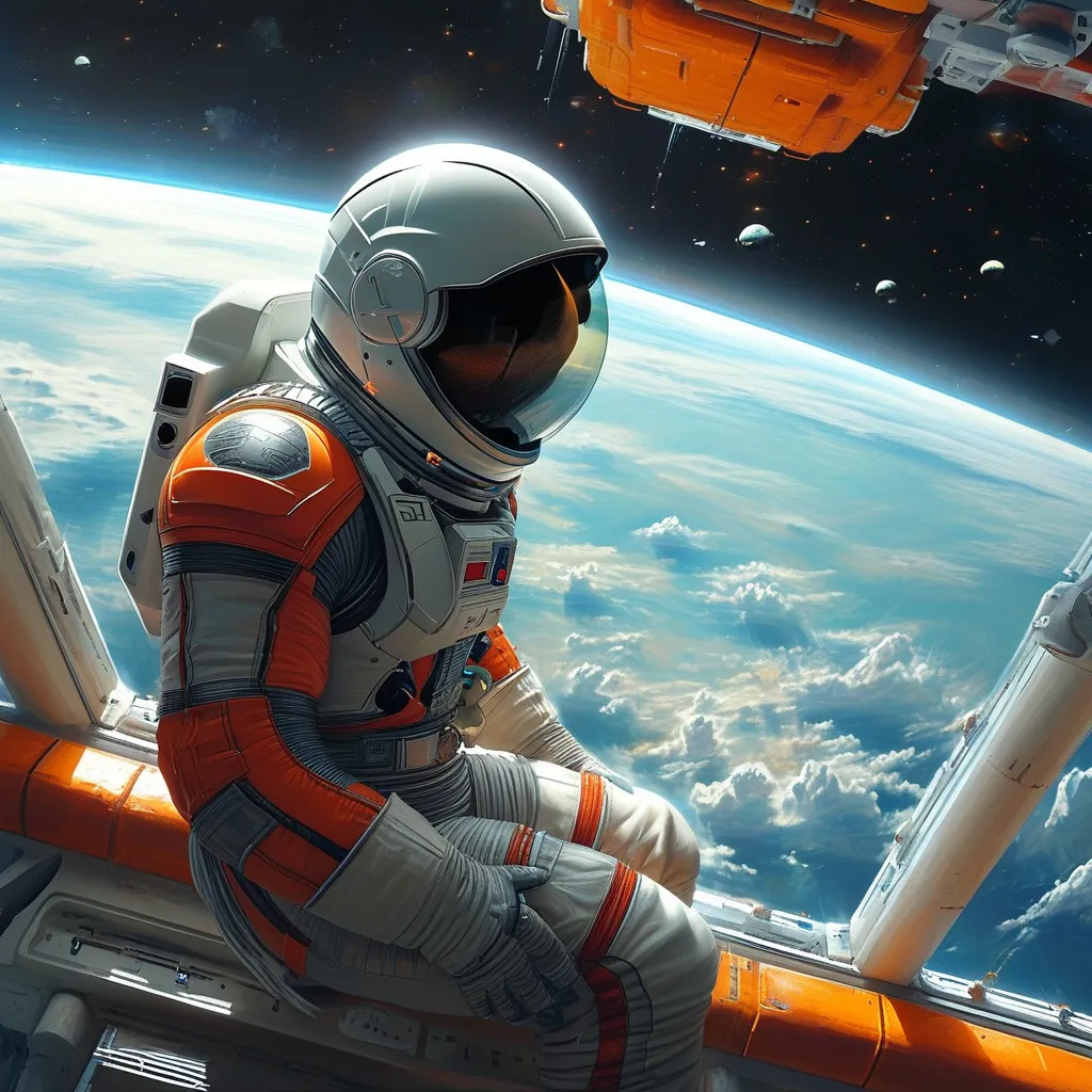 Prompt: Photorealistic scene where a young astronaut in a space station is looking down at earth. make the picture seem as if the young astronaut is thinking about his future 