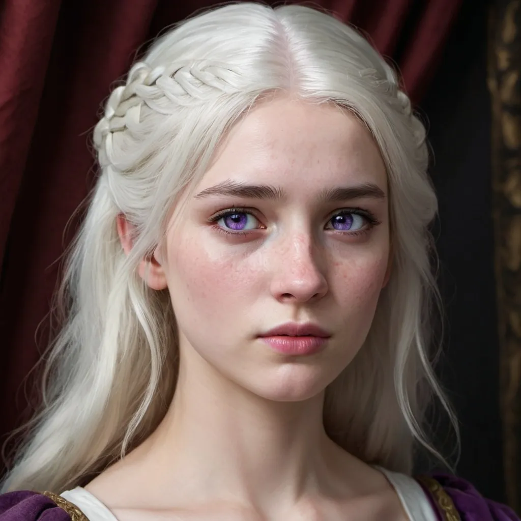 Prompt: hyper-realistic Targaryen, Pale skin. white hair, violet eyes.. Princess. Hooked nose. Younger, curtain bangs, freckles, sad look