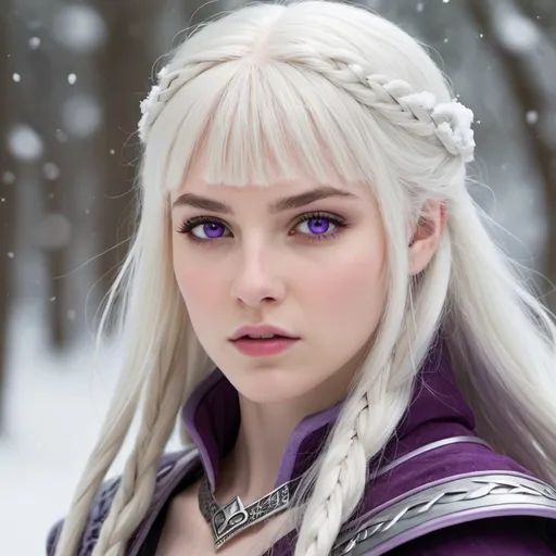 Prompt: hyper-realistic, Pale skin. white hair, violet eyes.. Princess. Hooked nose. Warrior, angry. Has a fringe, has bangs, two long braids. Older. Snowy