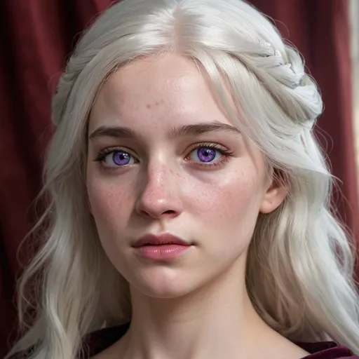 Prompt: hyper-realistic Targaryen, Pale skin. white hair, violet eyes.. Princess. Hooked nose. Younger, curtain bangs, freckles, sad look