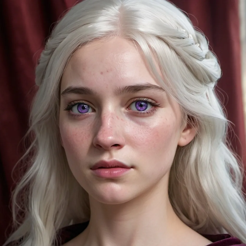 Prompt: hyper-realistic Targaryen, Pale skin. white hair, violet eyes.. Princess. Hooked nose. Younger, curtain bangs, freckles, sad look