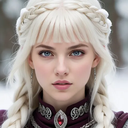 Prompt: hyper-realistic, Pale skin. white hair, violet eyes.. Princess. Hooked nose. Warrior, angry. Has a fringe, has bangs, two long braids. Older. Snowy